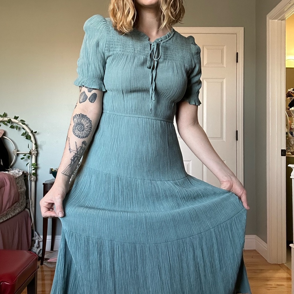 Sweet Wanderer Teal Tiered Midi Dress with Tie Neck